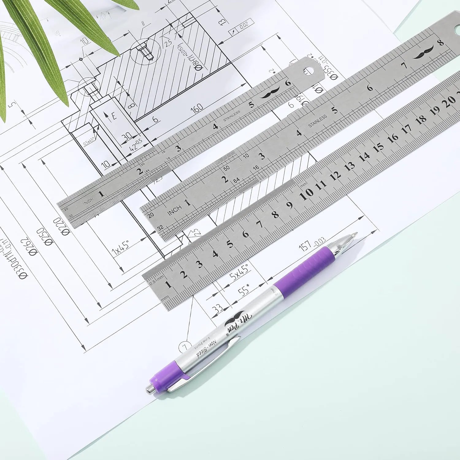 Stainless Steel Ruler Set (3-Pack): 6", 8", 12" Thin Metal Precision Rulers