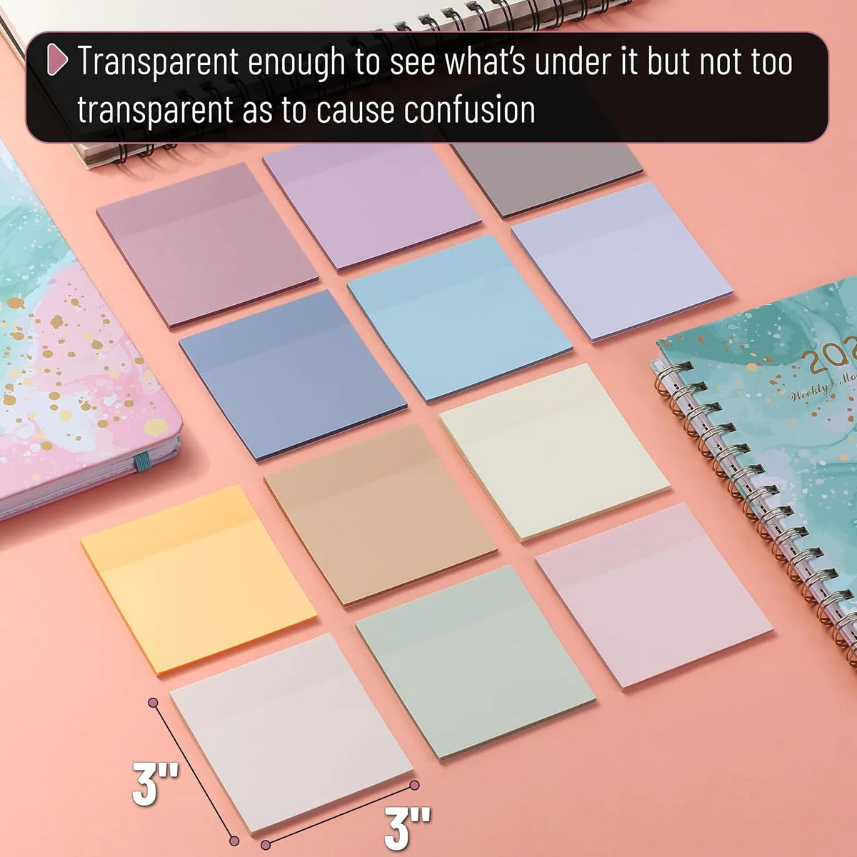 Mr. Pen Transparent Sticky Notes 3x3 Dreamy Pastel 12 Pads 600 Sheets See Through Bulk