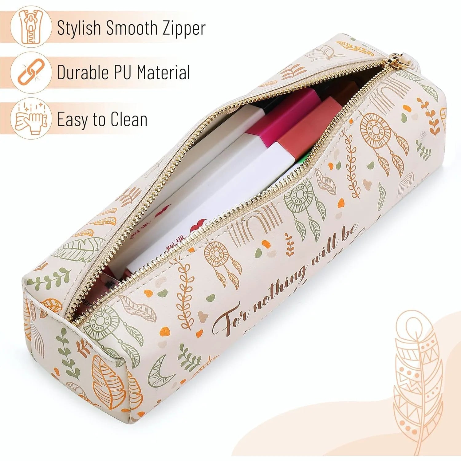 Boho PU Leather Pencil Pouch - Slim, Cute & Aesthetic