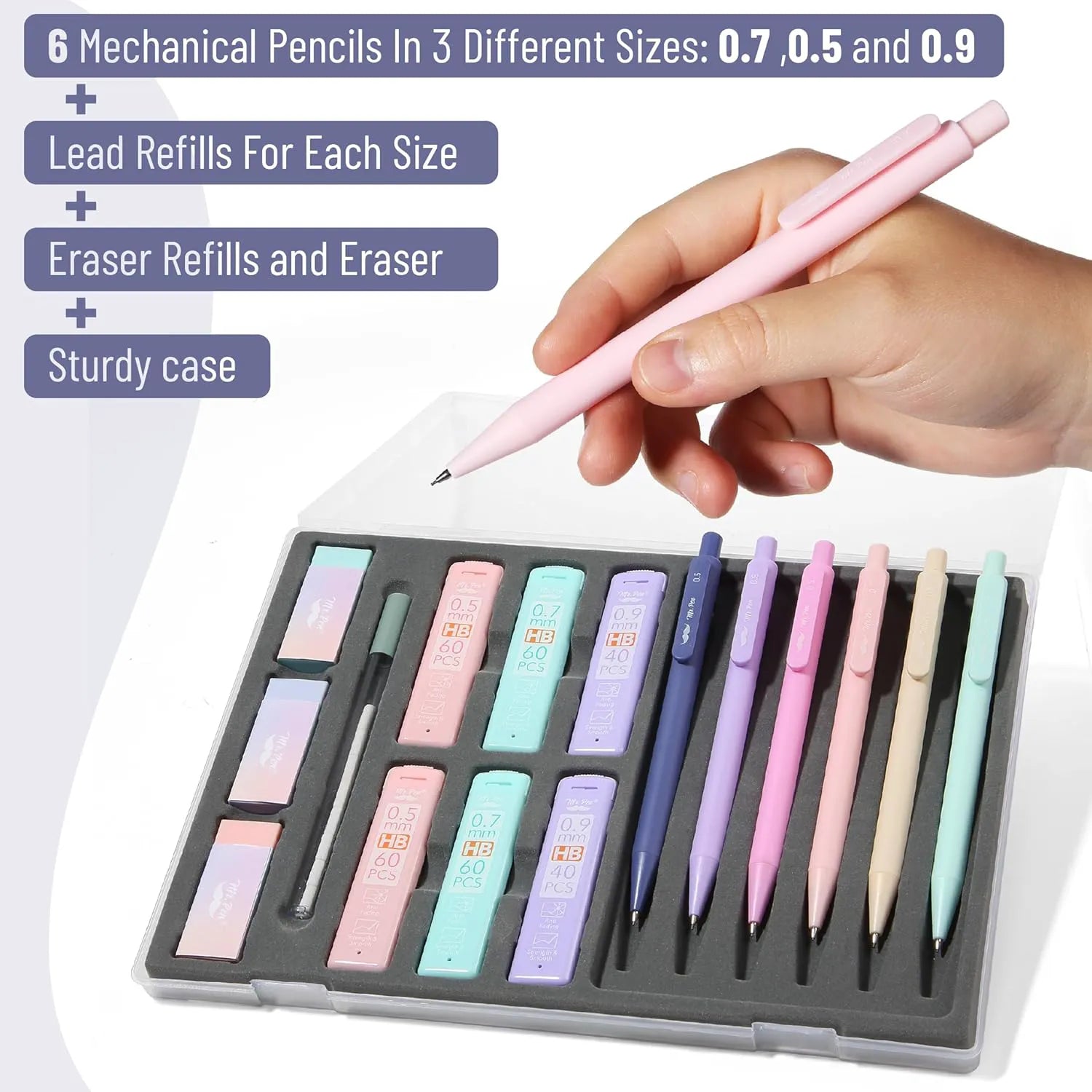 Mr. Pen Pastel Mechanical Pencil Set with Lead Refills & Erasers, 6 Pack, 3 Sizes (0.5, 0.7, 0.9mm), Aesthetic Pencils