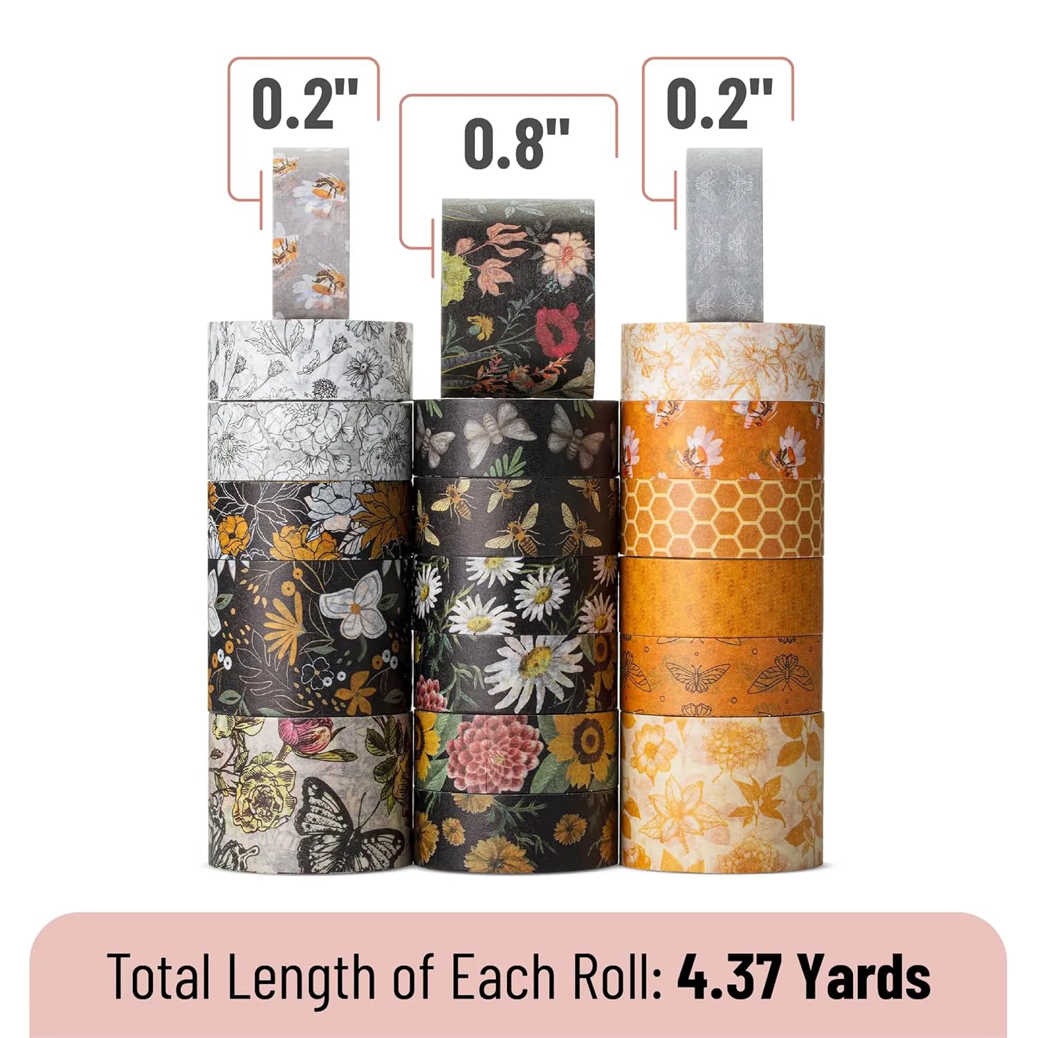Golden Hives Washi Tape Set - 20 Rolls, Assorted Widths
