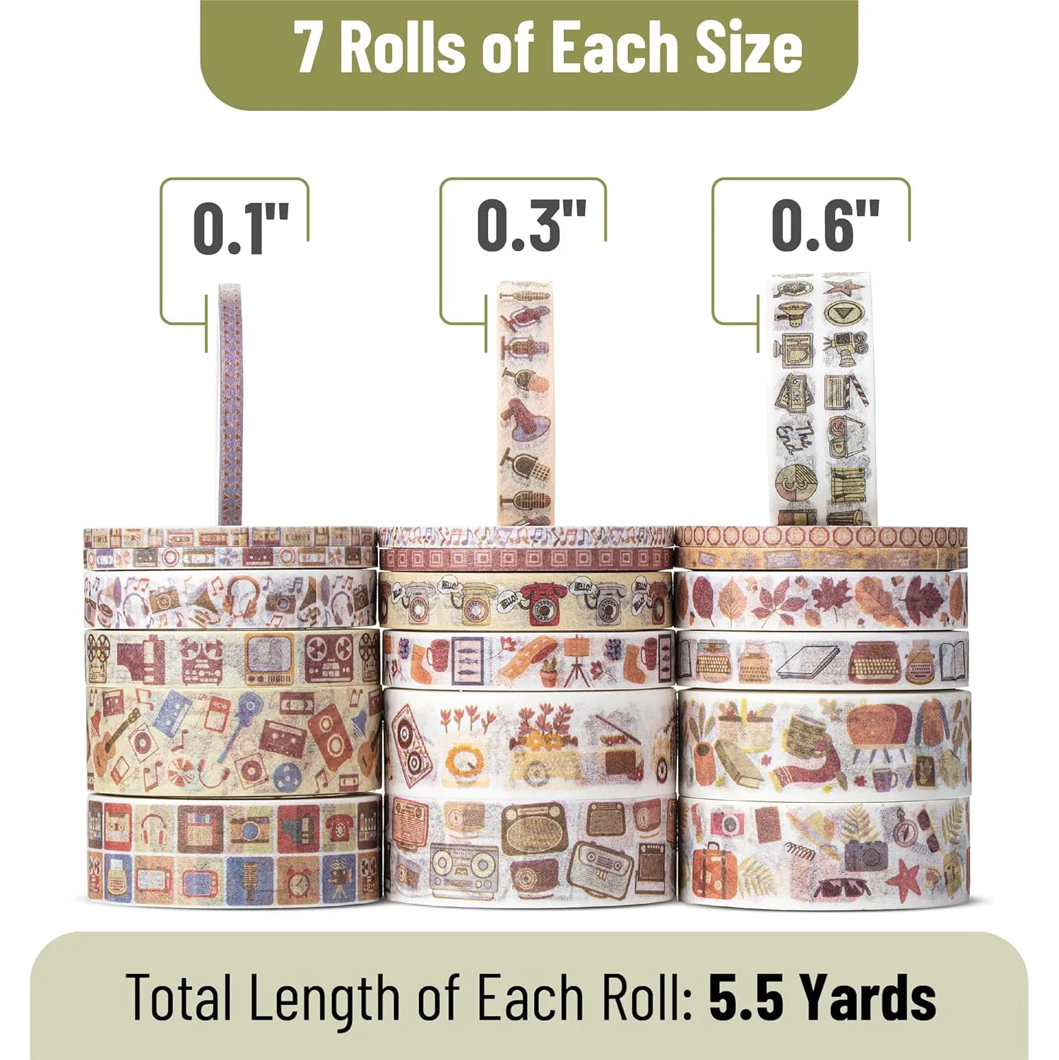 Retro Icon Washi Tape Set - 21 Rolls, Assorted Widths