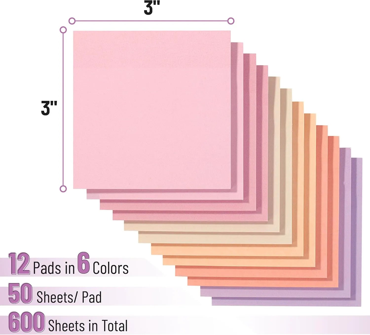 Sunset Sorbet Sticky Notes, 3x3 Inches, 12 Pads (600 Sheets Total)