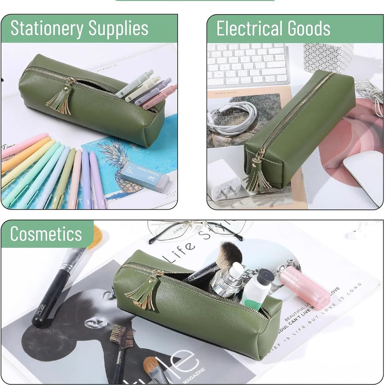 Cute Aesthetic Small Pencil Pouch in Green PU Leather