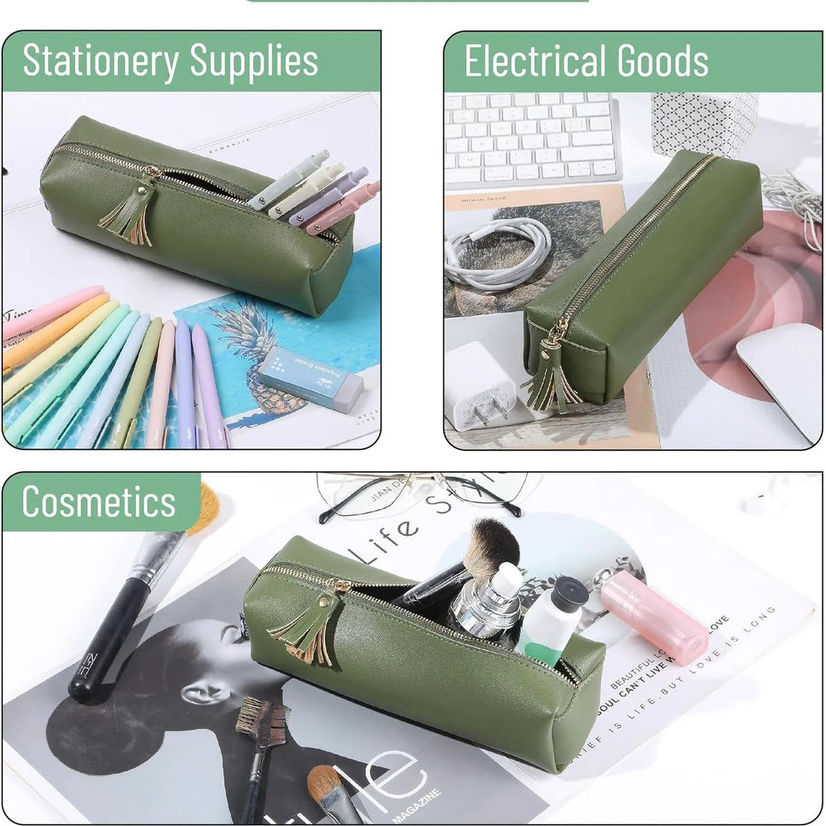 Cute Aesthetic Small Pencil Pouch in Green PU Leather