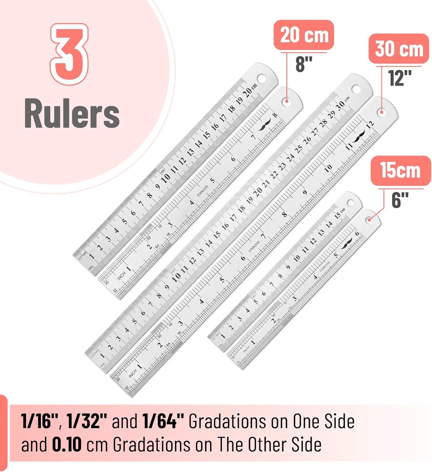 Stainless Steel Ruler Set (3-Pack): 6", 8", 12" Thin Metal Precision Rulers