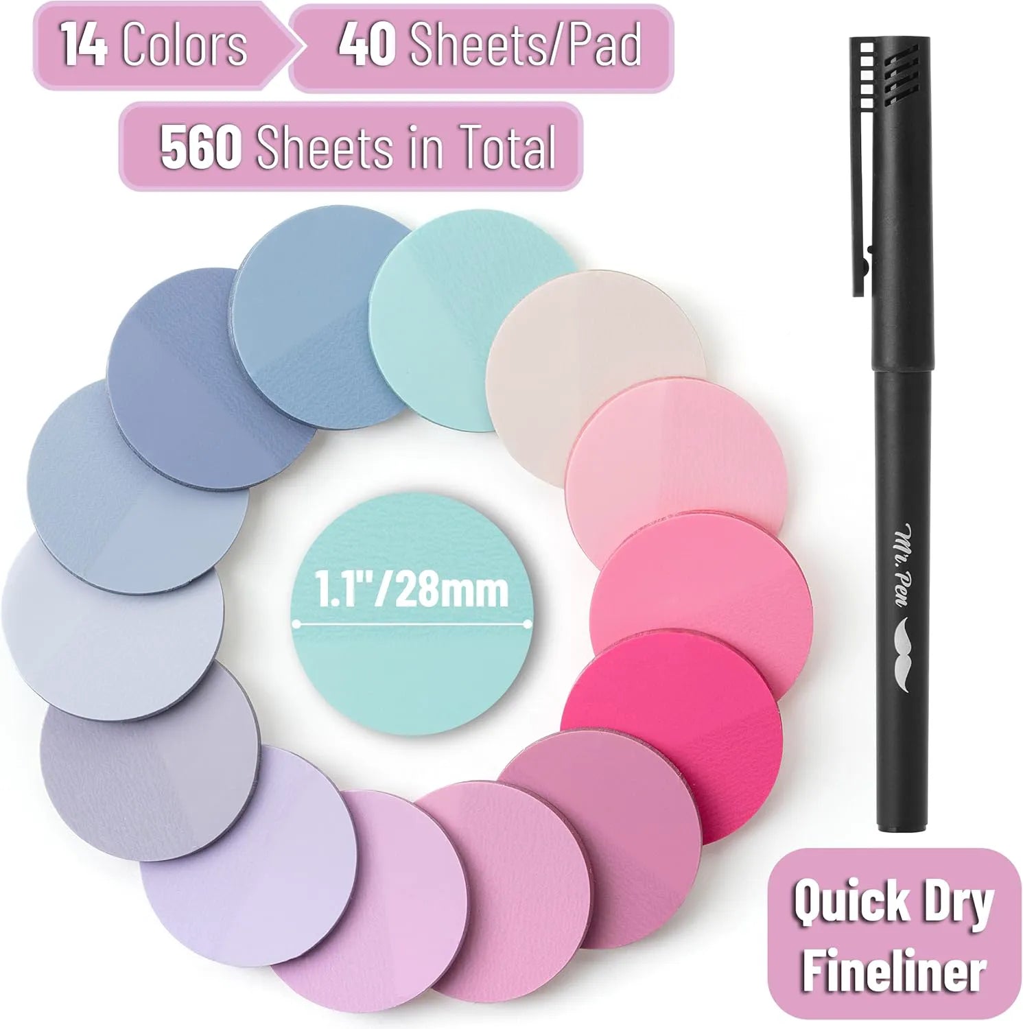 Colorful Round Transparent Sticky Notes, 14 Pads, 560 Sheets, 1.1"