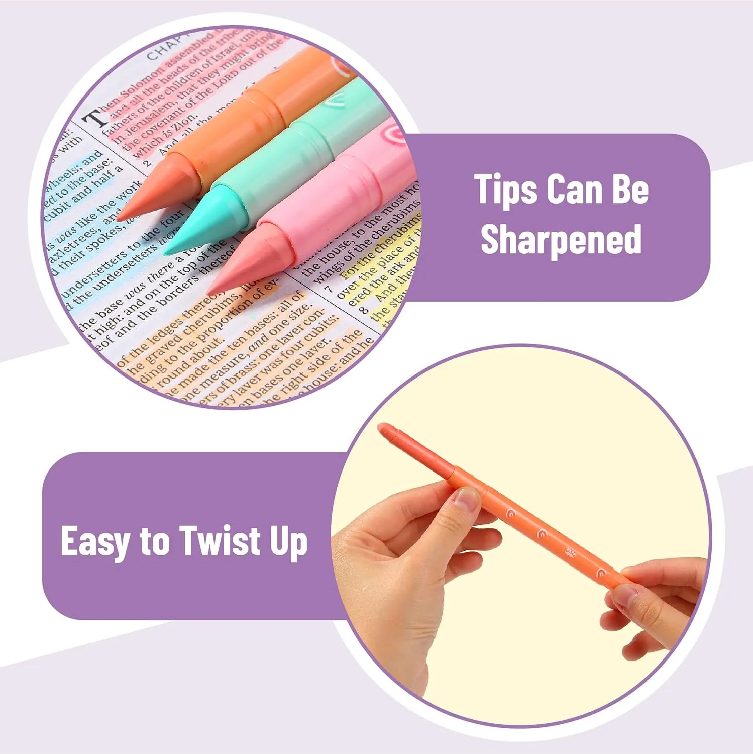 Bible Gel Highlighters, 8 Pack, Assorted Colors, No-Bleed, Twist-Up, Sharpenable Tips