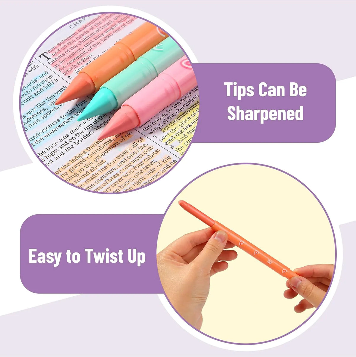 Bible Gel Highlighters, 8 Pack, Assorted Colors, No-Bleed, Twist-Up, Sharpenable Tips