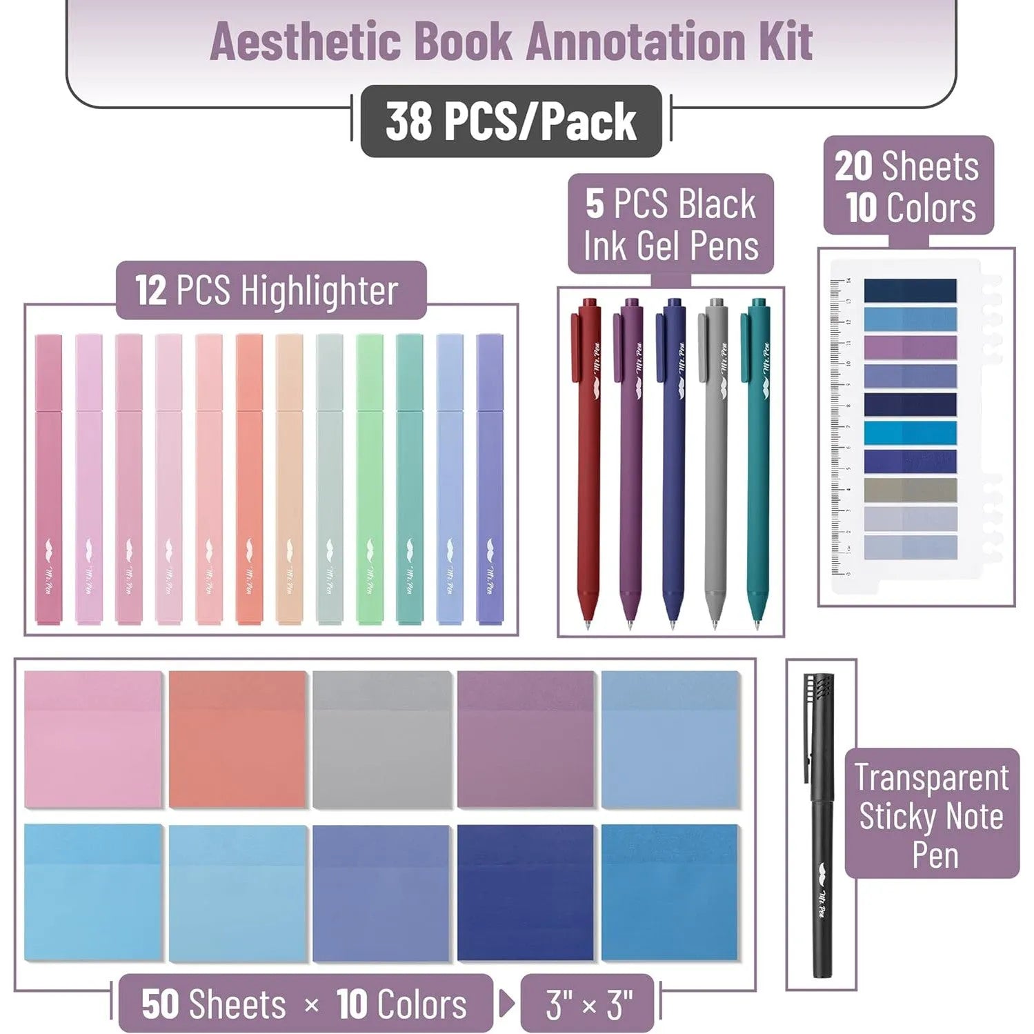 Aesthetic Book Annotation Kit - 38 Pieces with Highlighters, Gel Pens, and Sticky Notes