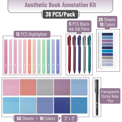 Aesthetic Book Annotation Kit - 38 Pieces with Highlighters, Gel Pens, and Tabs (Wholesale)