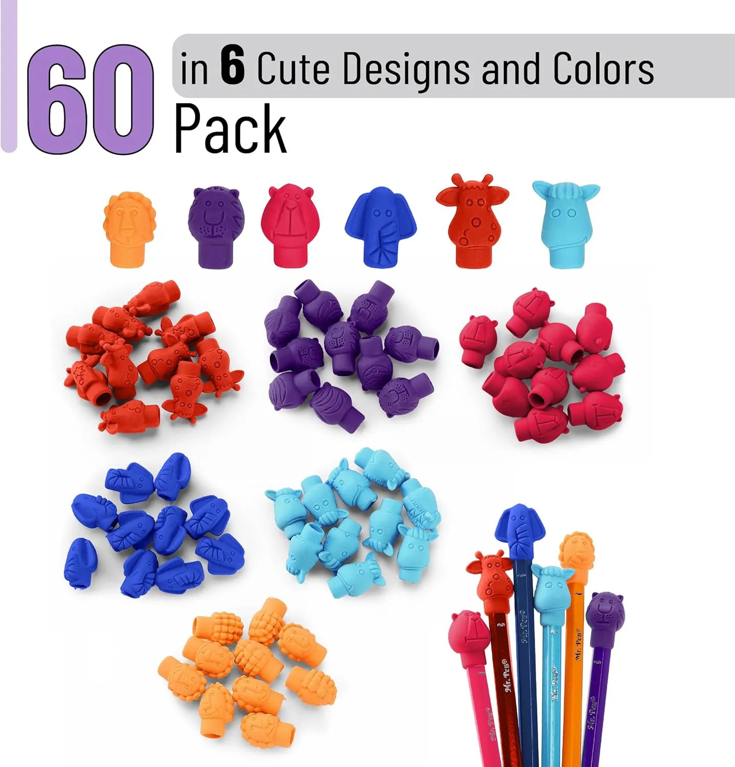 60 Pack Colorful Animal Pencil Top Erasers