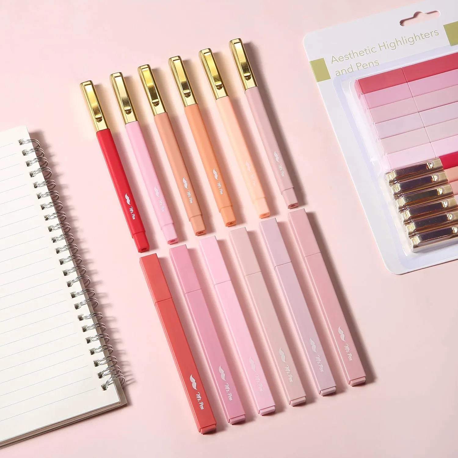 12 Pack No-Bleed Aesthetic Highlighters & Pens in Pink Shades for Bible Study