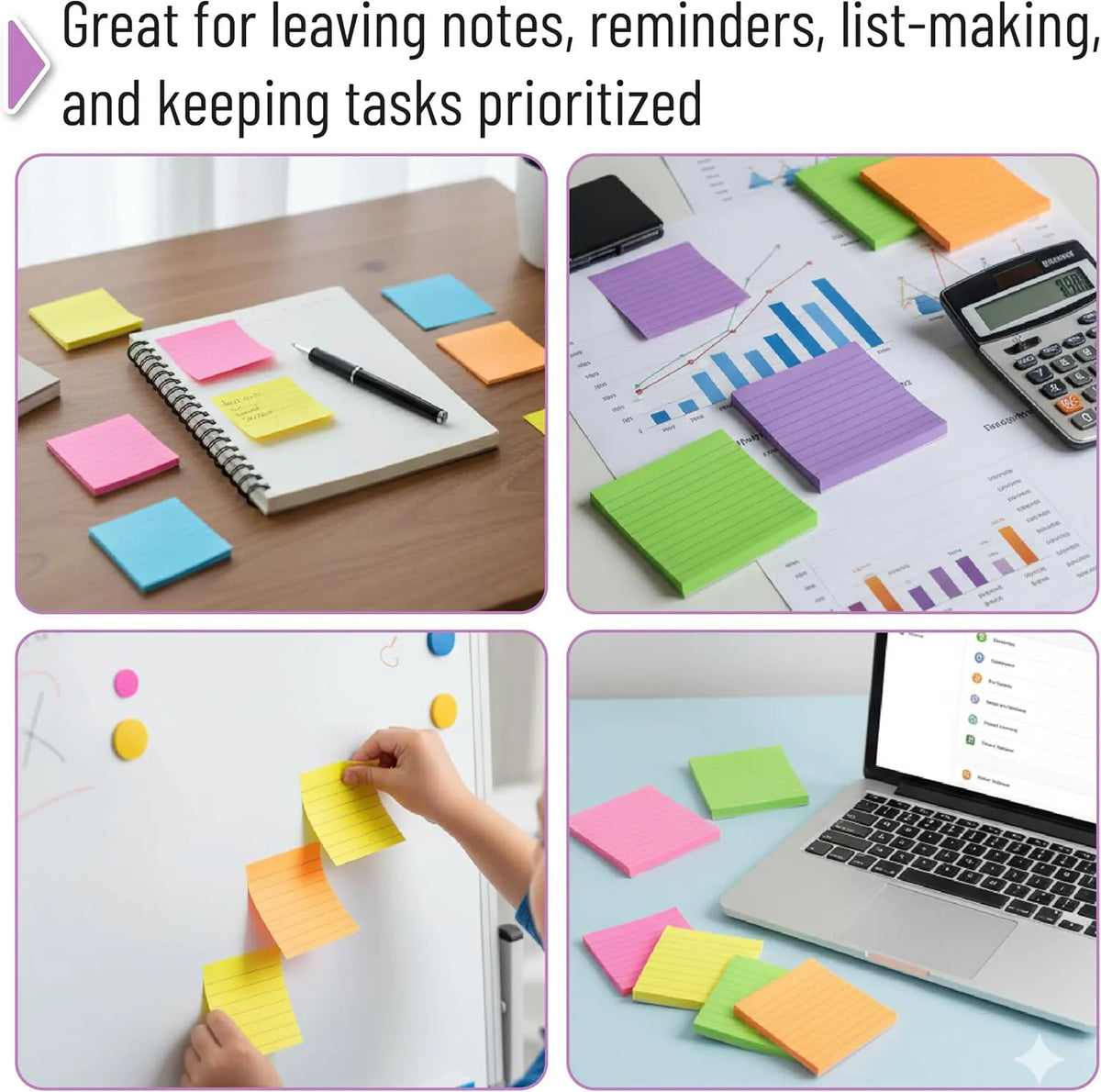 Lined Sticky Notes Set 4x6 and 3x3, 16 Pads, 720 Sheets, Pastel