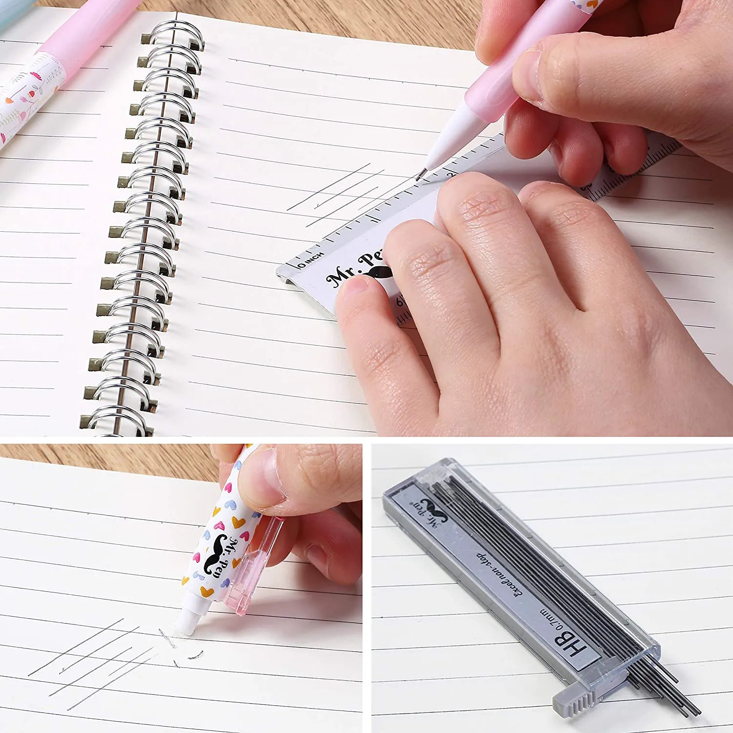 Cute Mechanical Pencil Set with 0.7mm Lead and Erasers (16 Pieces)