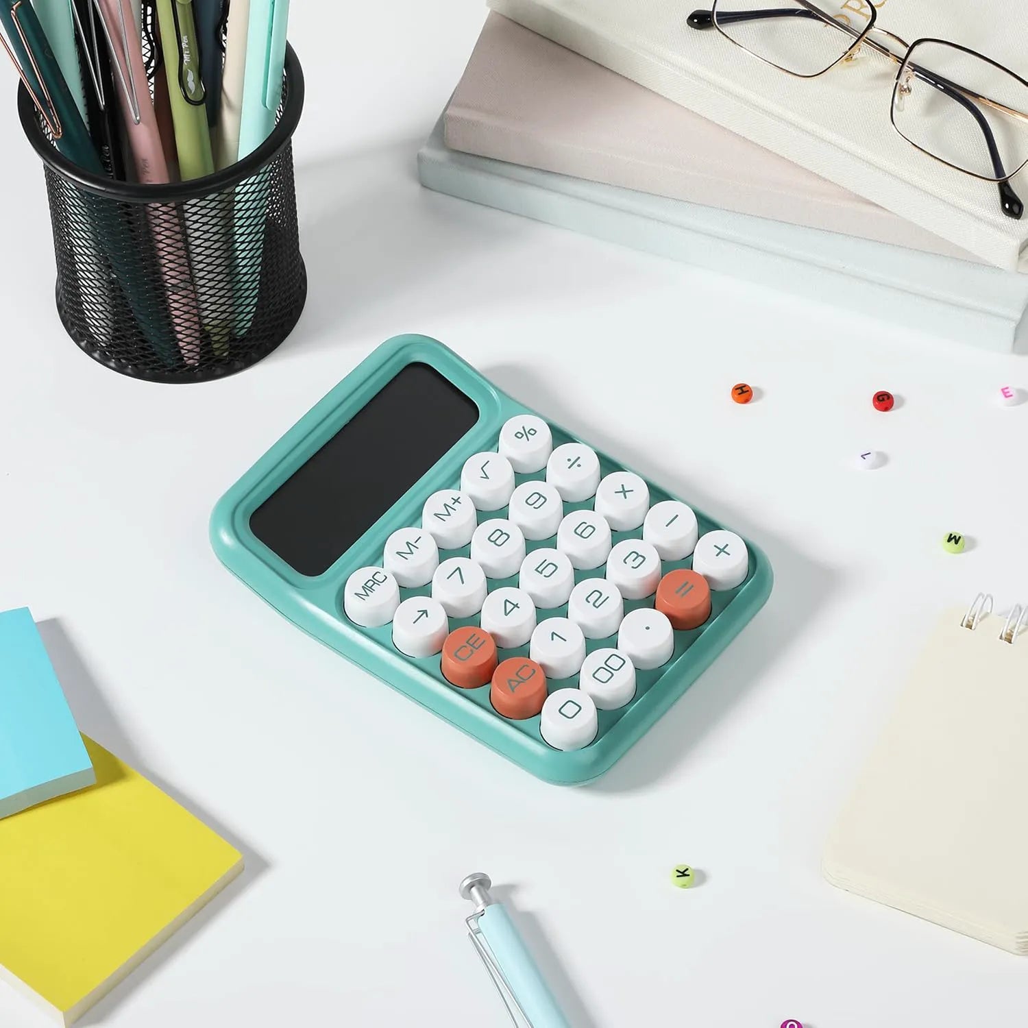 Mechanical Calculator with 12-Digit Large LCD Display, Earthy Green Finish, and Round Keys