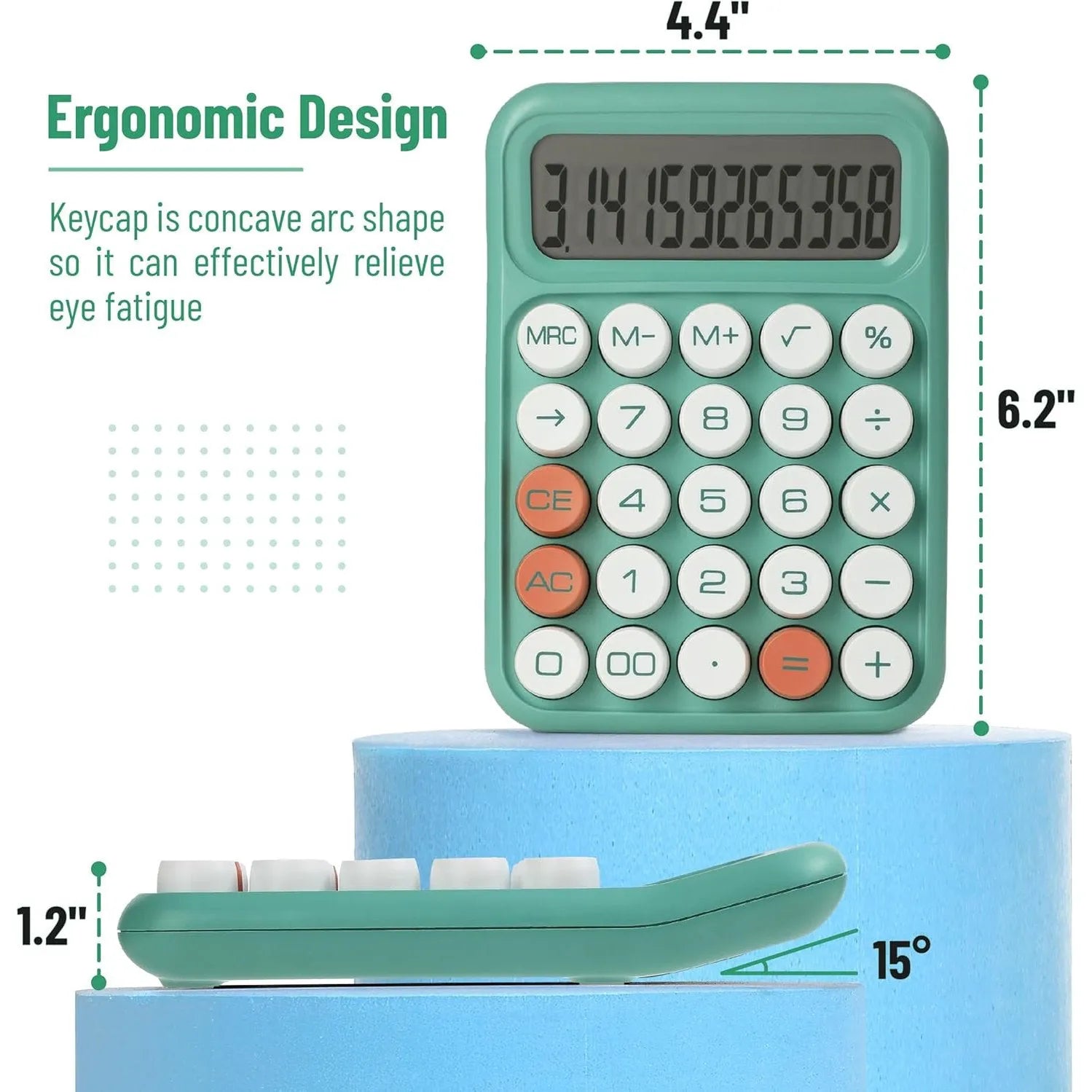 Mechanical Calculator with 12-Digit Large LCD Display, Earthy Green Finish, and Round Keys