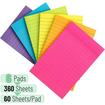 Lined Sticky Notes 4x6, 6 Pads, 360 Sheets, Assorted Colors