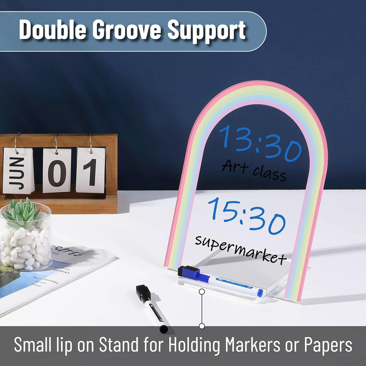 Mr. Pen Clear Acrylic Board with Stand, 11.8" x 9", 3 Markers, Rainbow Theme, Desk Dry Erase Board