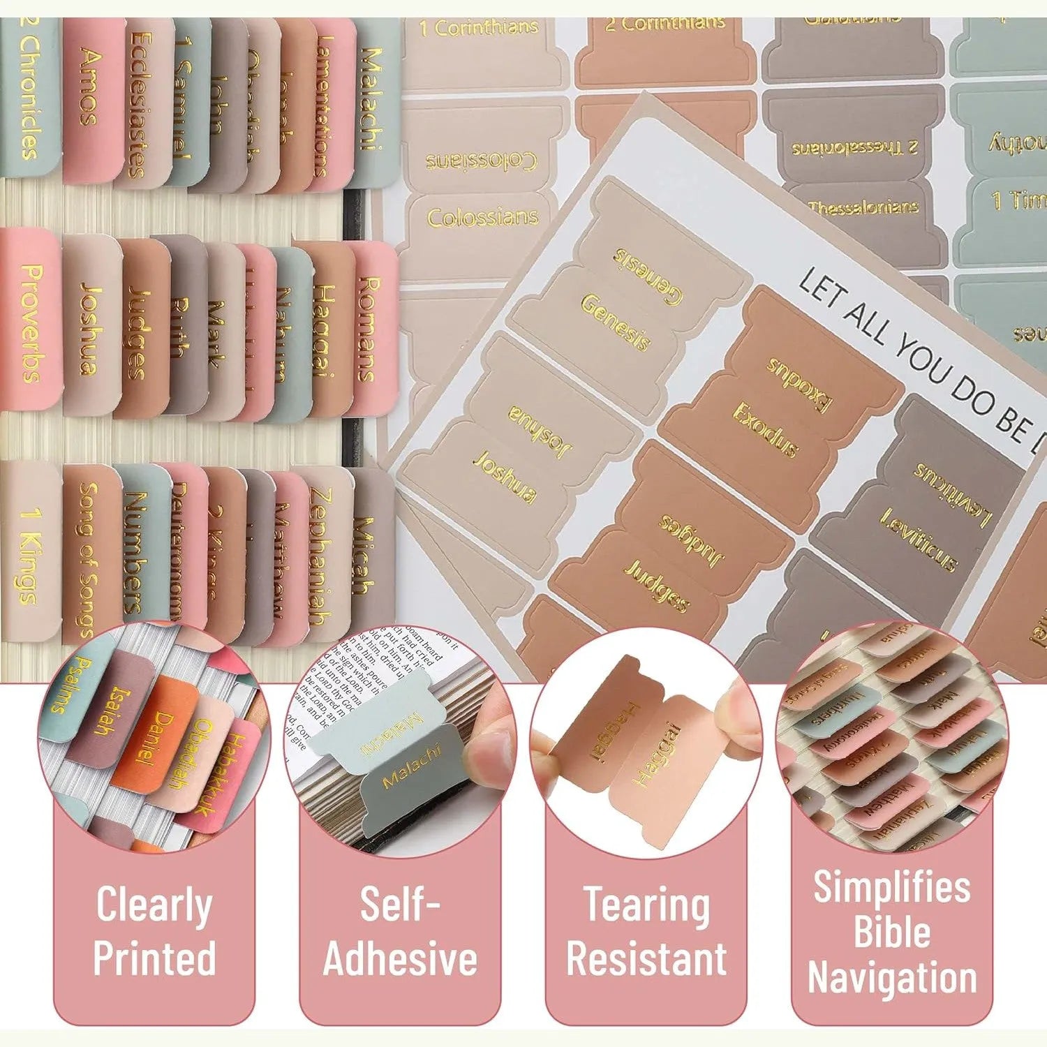 Mr. Pen Bible Tabs - 75 Gold Embossed Laminated Tabs, Spring Palette Design for Men & Women