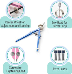 Professional Metal Compass with Lock, Blue, Extra Leads Set