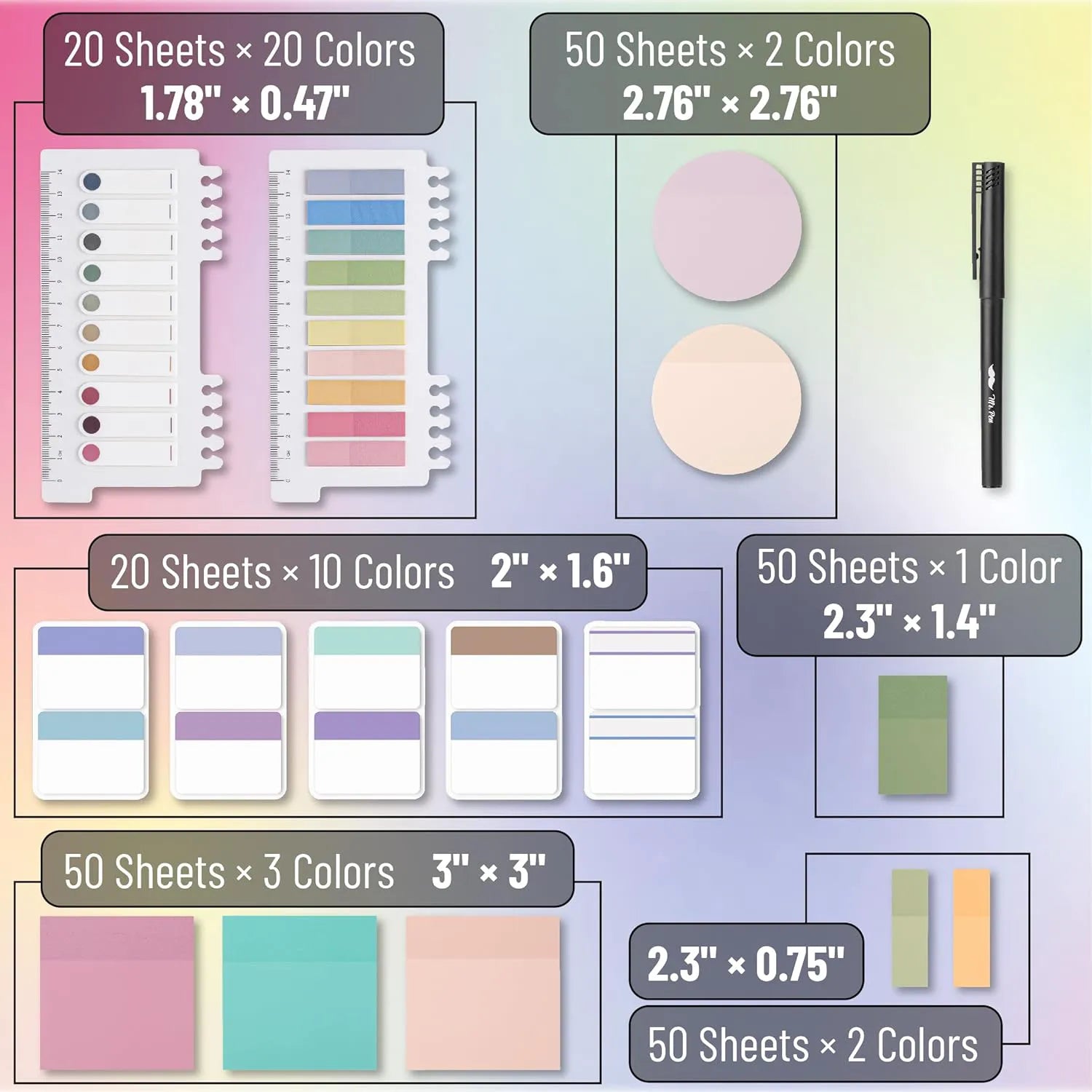 Mr. Pen Transparent Sticky Notes Set - 1000 Colorful Sheets, Giftable