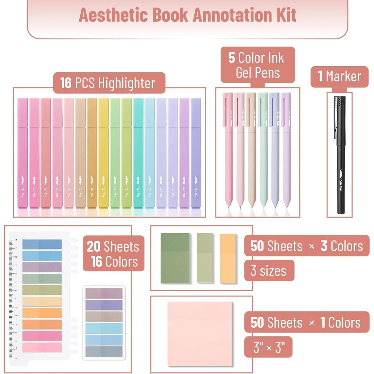 Aesthetic Book Annotation Kit - 38 Pieces with Highlighters, Gel Pens, and Sticky Notes