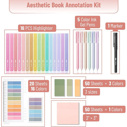 Aesthetic Book Annotation Kit - 38 Pieces with Highlighters, Gel Pens, and Sticky Notes
