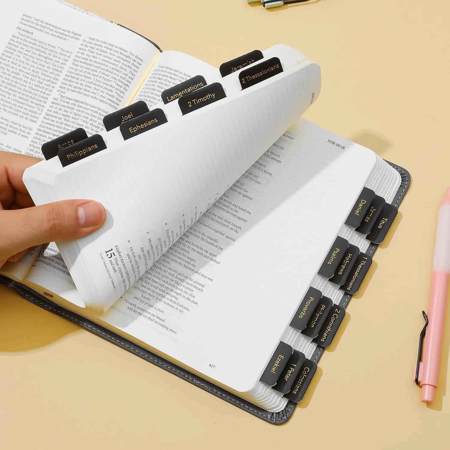 Mr. Pen Bible Tabs - 75 Laminated Tabs, Black with Gold Foil Lettering for Women and Men