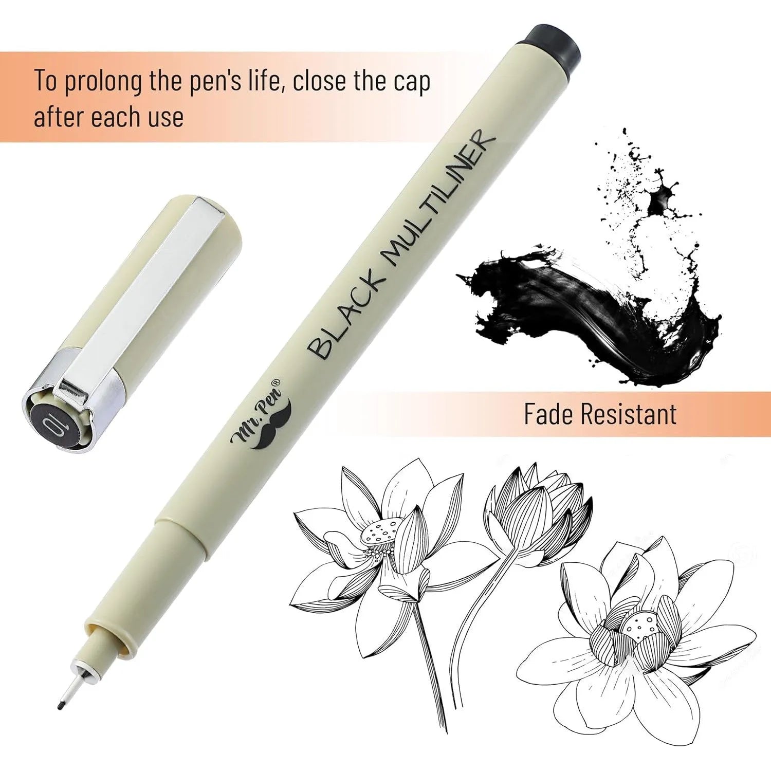 Artist Fineliner Pens, Black, 0.45mm Tip, 8 Pack