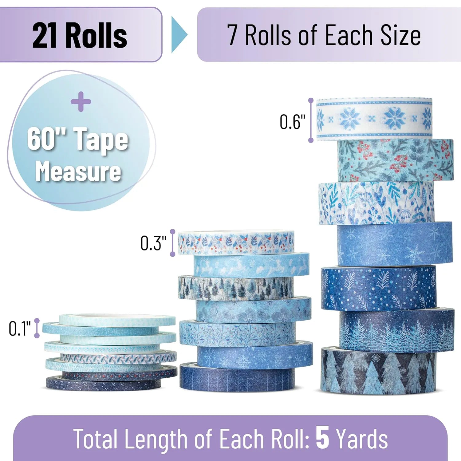 Ocean Breeze Blue Washi Tape Set - 21 Rolls, 5 Yards Each