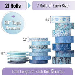 Ocean Breeze Blue Washi Tape Set - 21 Rolls, 5 Yards Each