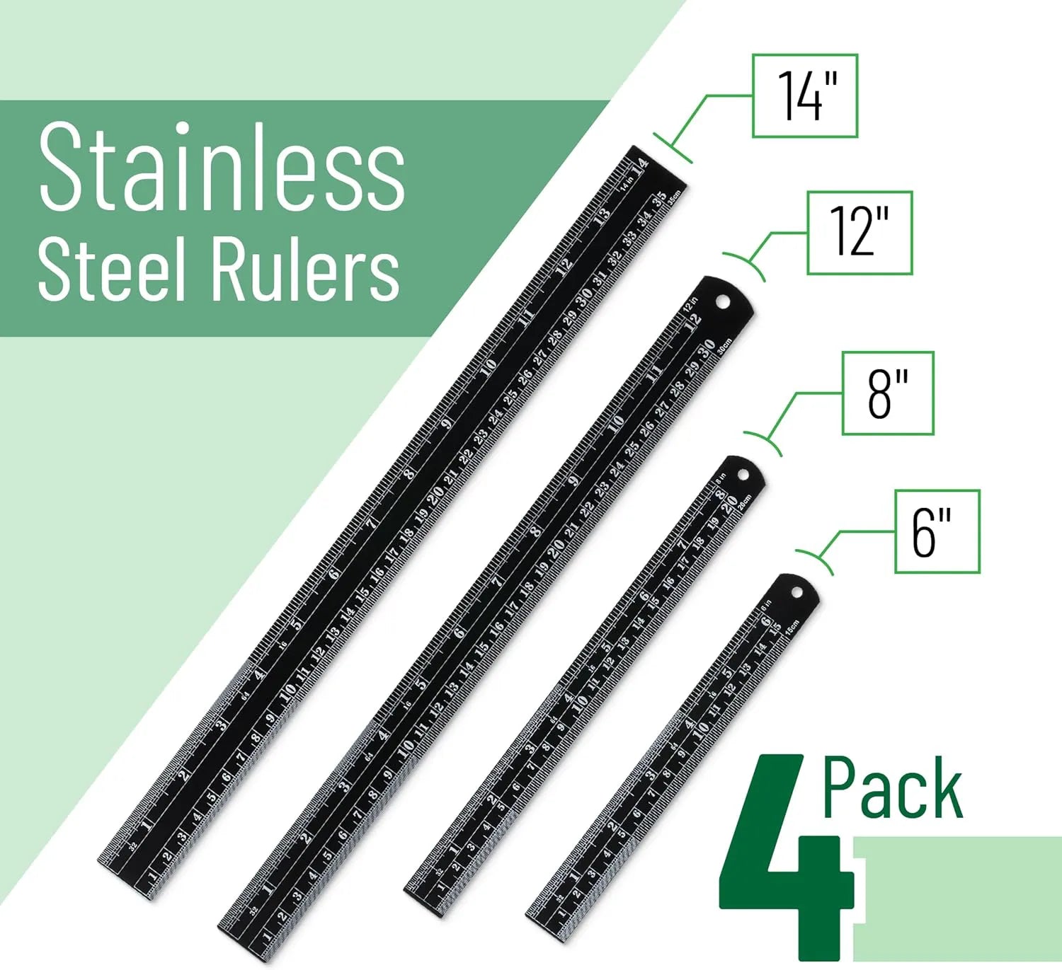 Stainless Steel Ruler Set (4 Pack) – 6, 8, 12, 14 Inches with Metric & Inch Markings