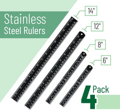 Stainless Steel Ruler Set (4 Pack) – 6, 8, 12, 14 Inches with Metric & Inch Markings