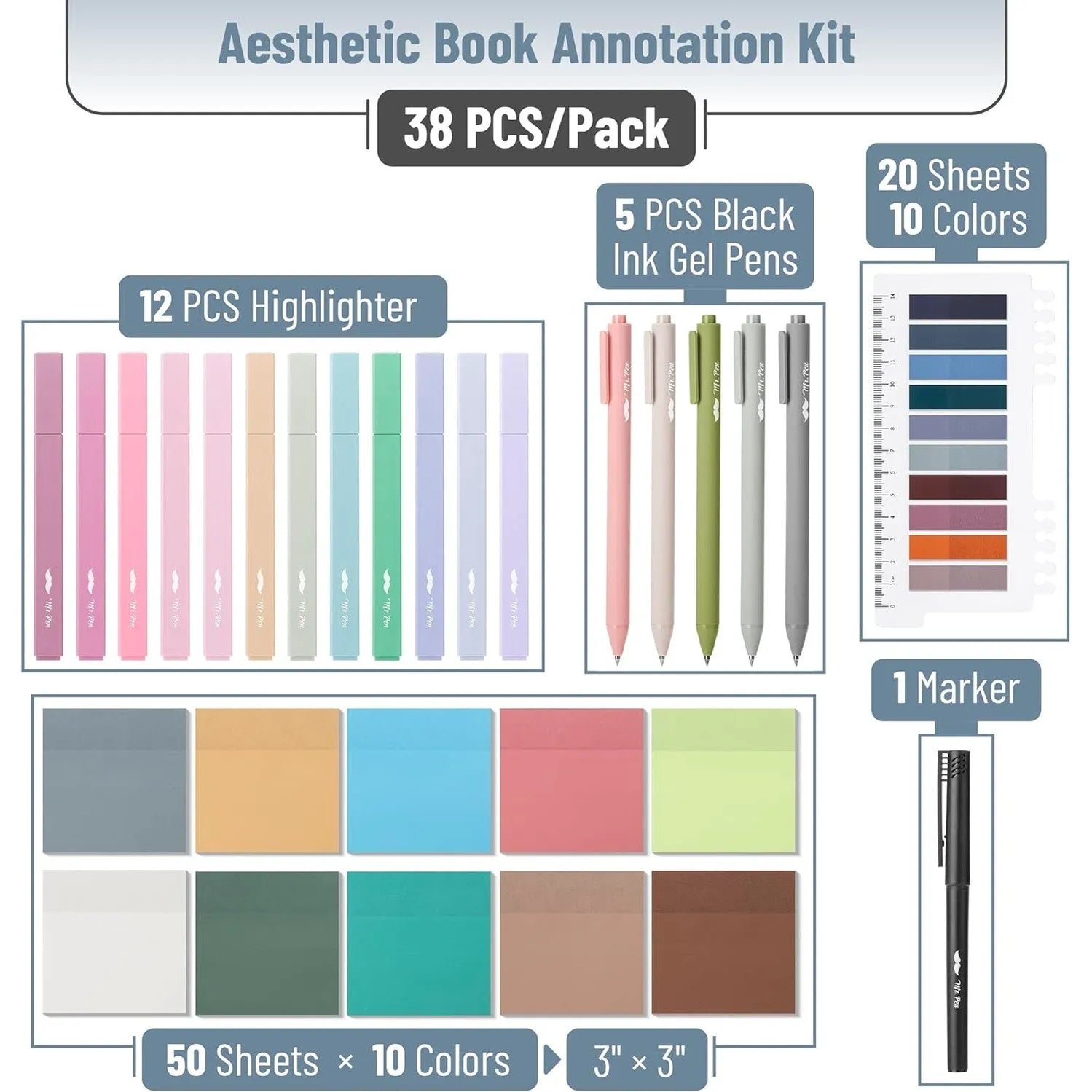 Aesthetic Book Annotation Kit - 38 Pieces with Highlighters, Gel Pens, and Sticky Notes