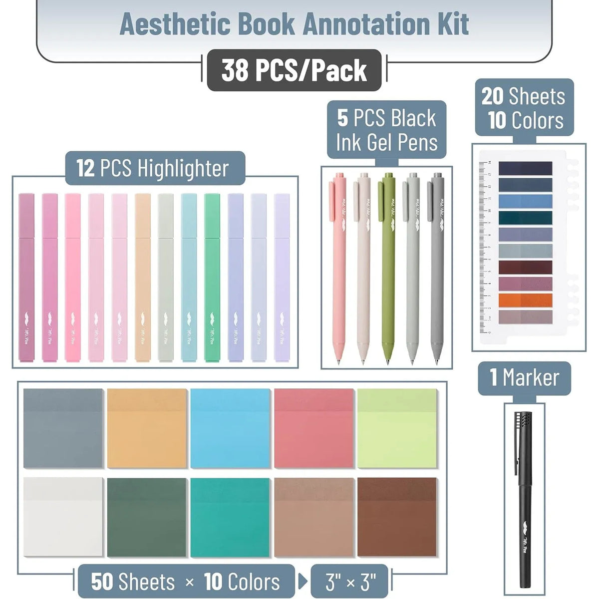 Aesthetic Book Annotation Kit - 38 Pieces with Highlighters, Gel Pens, and Sticky Notes