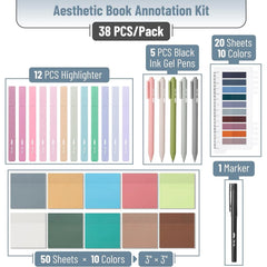 Aesthetic Book Annotation Kit - 38 Pieces with Highlighters, Gel Pens, and Sticky Notes