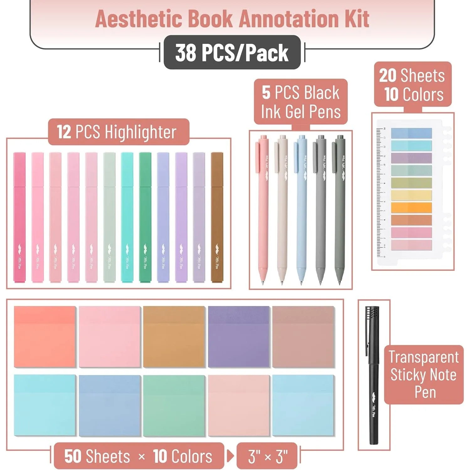Aesthetic Book Annotation Kit - 38 Pieces with Highlighters, Gel Pens, and Sticky Notes
