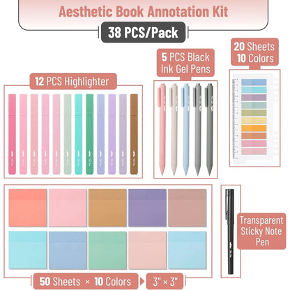 Book Annotation Set - 38 pcs Pastel Highlighters, Gel Pens & Tabs