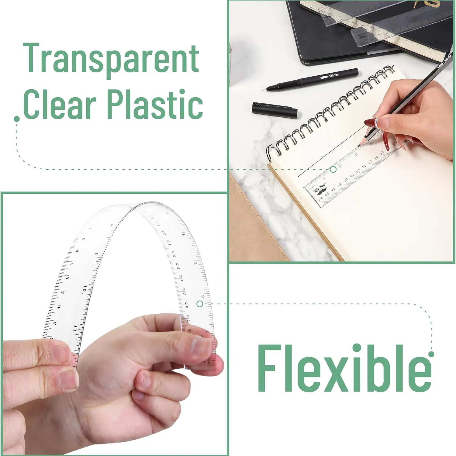 Clear Plastic Rulers Set (3-Pack): 6", 8", 12" - Metric & Inch