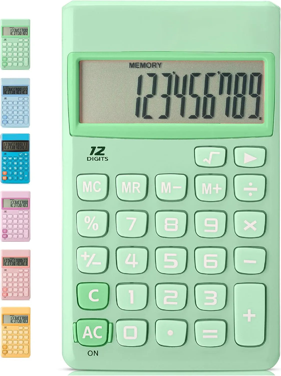 Pastel Green Solar Handheld Calculator with 12-Digit Display