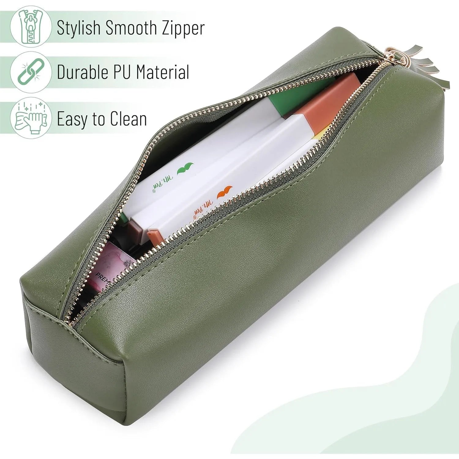Cute Aesthetic Small Pencil Pouch in Green PU Leather
