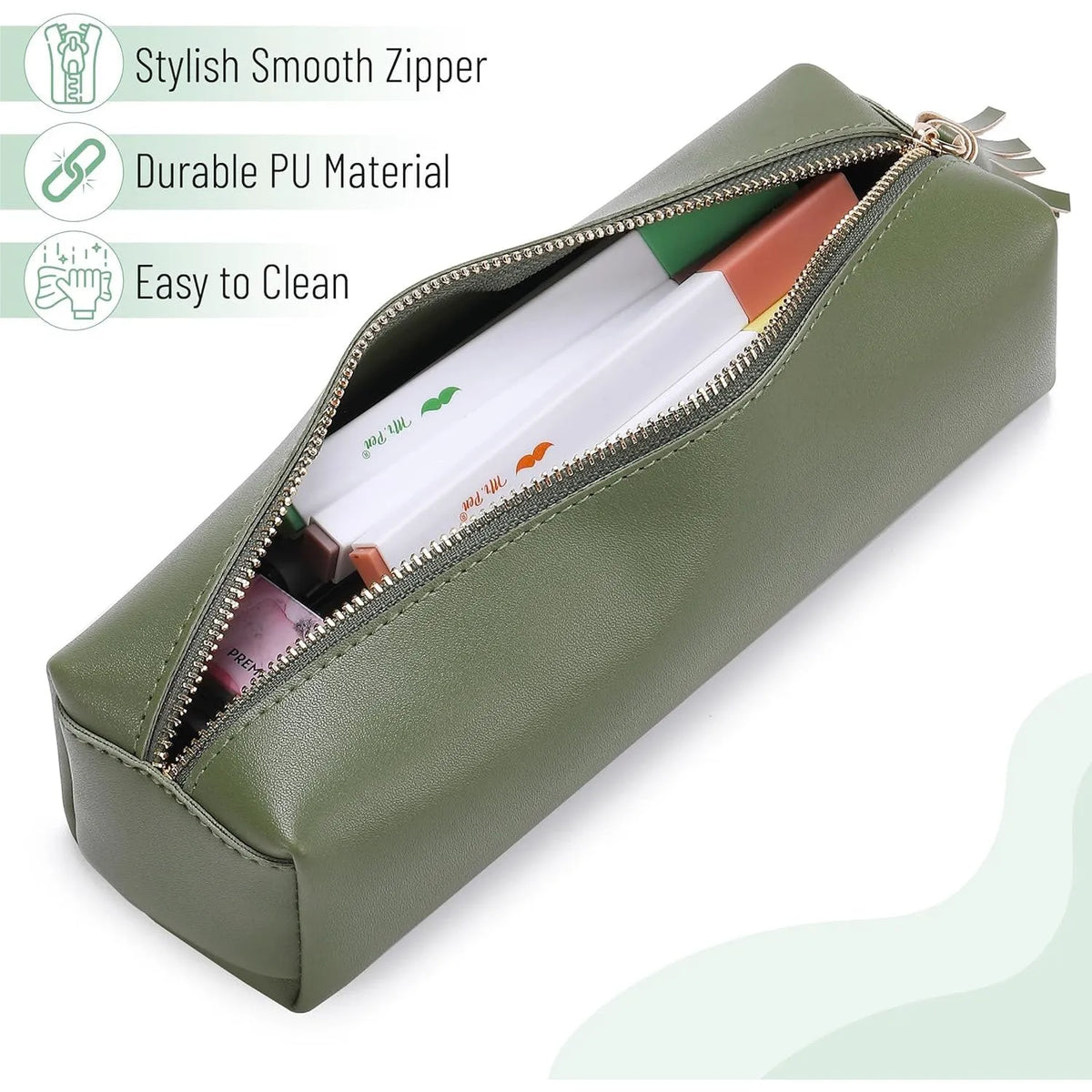Cute Aesthetic Small Pencil Pouch in Green PU Leather