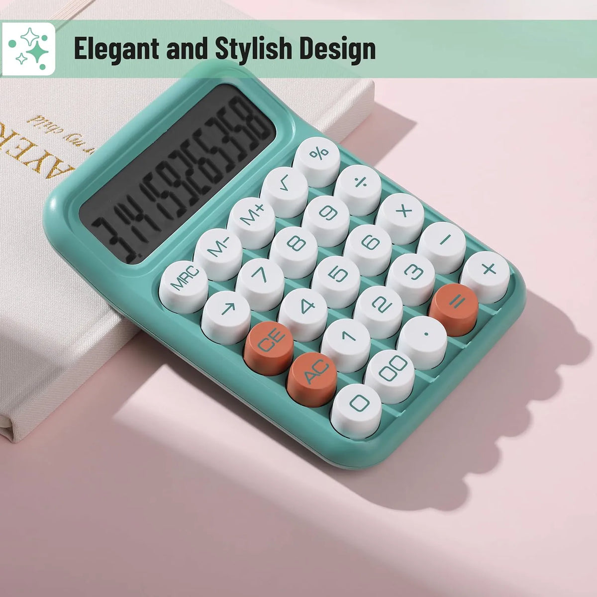 Mechanical Calculator with 12-Digit Large LCD Display, Earthy Green Finish, and Round Keys