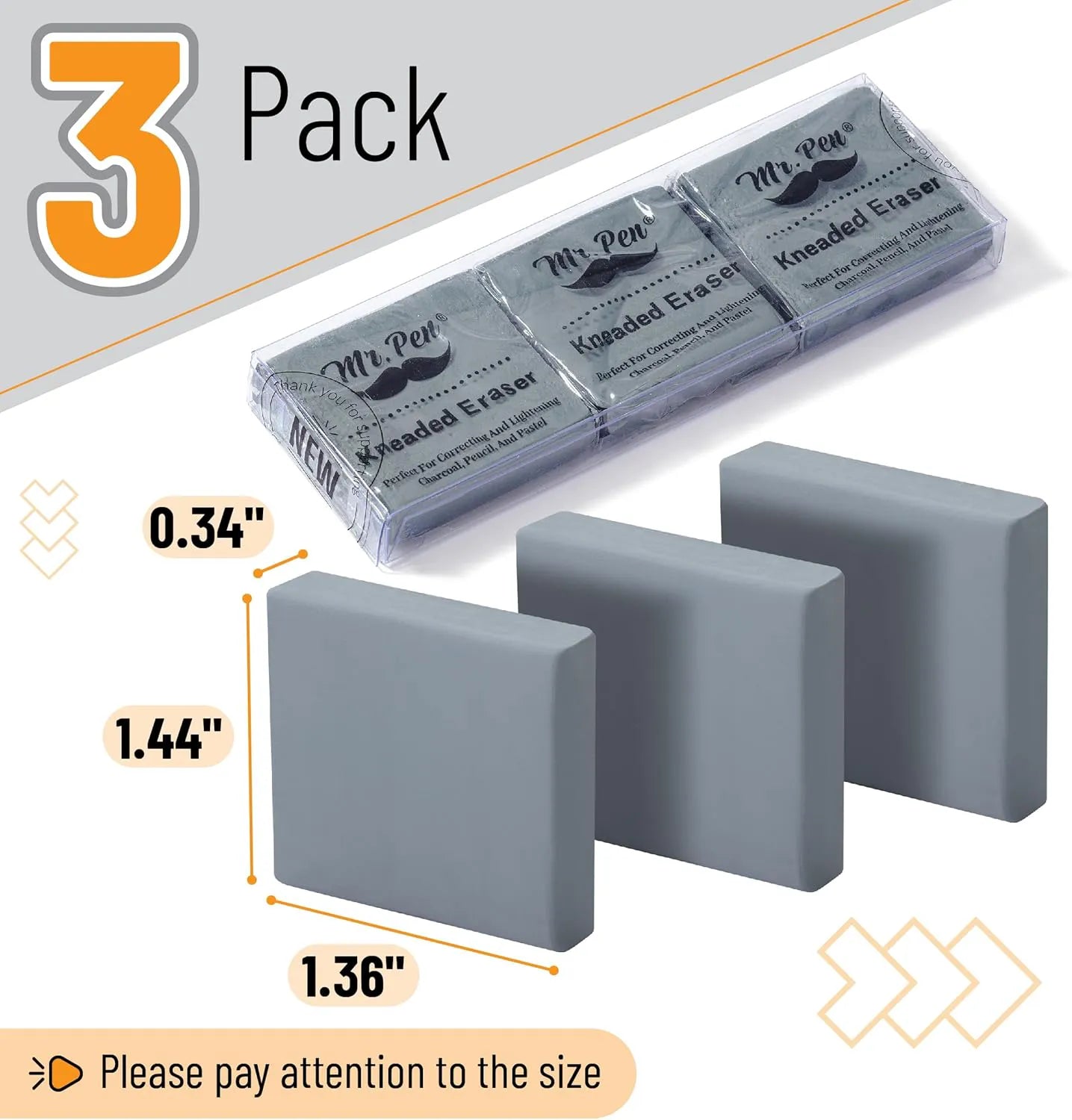 Mr. Pen Kneaded Eraser, 3 Pack, Grey, 1.44" x 1.36" - Artists' Art Eraser