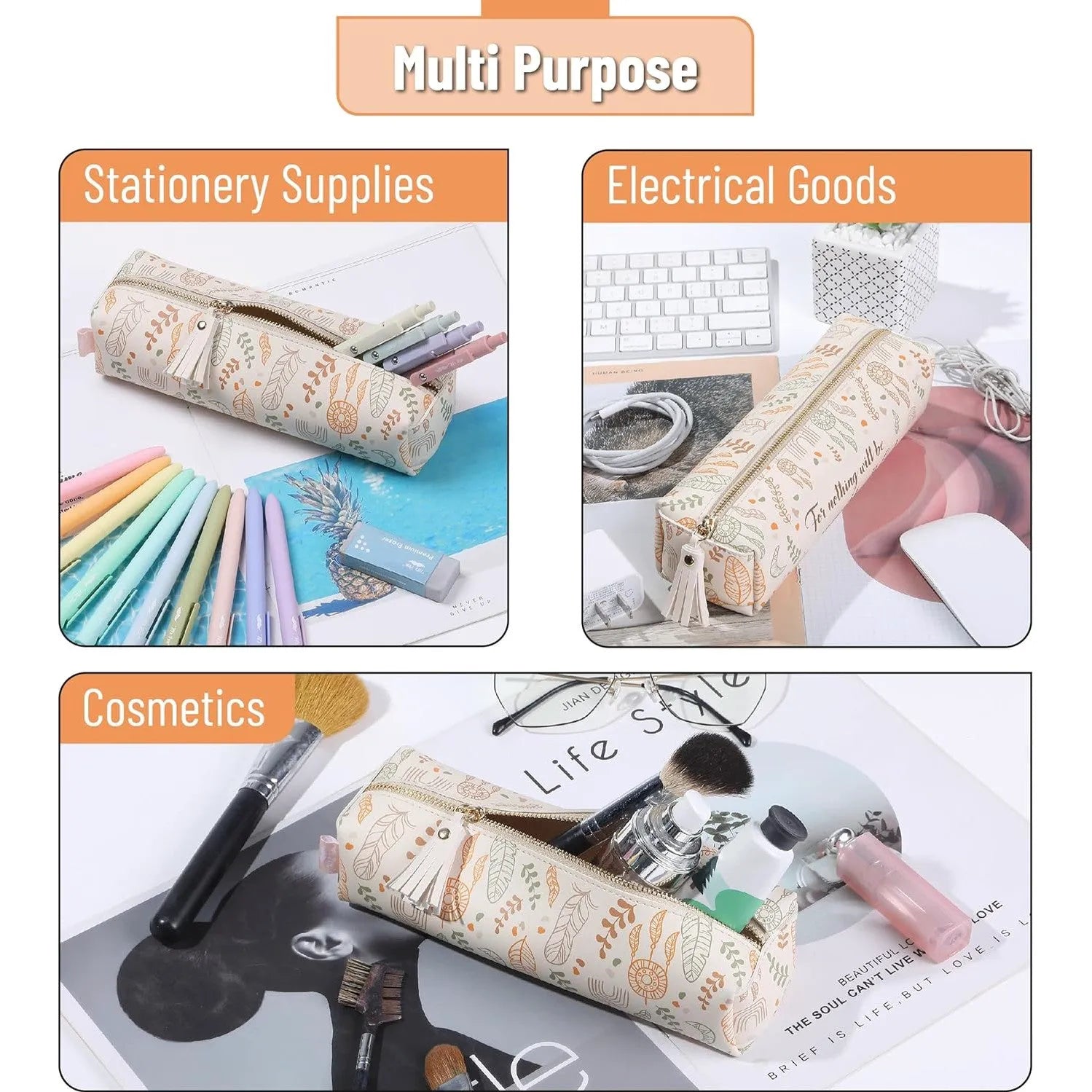 Boho PU Leather Pencil Pouch - Slim, Cute & Aesthetic