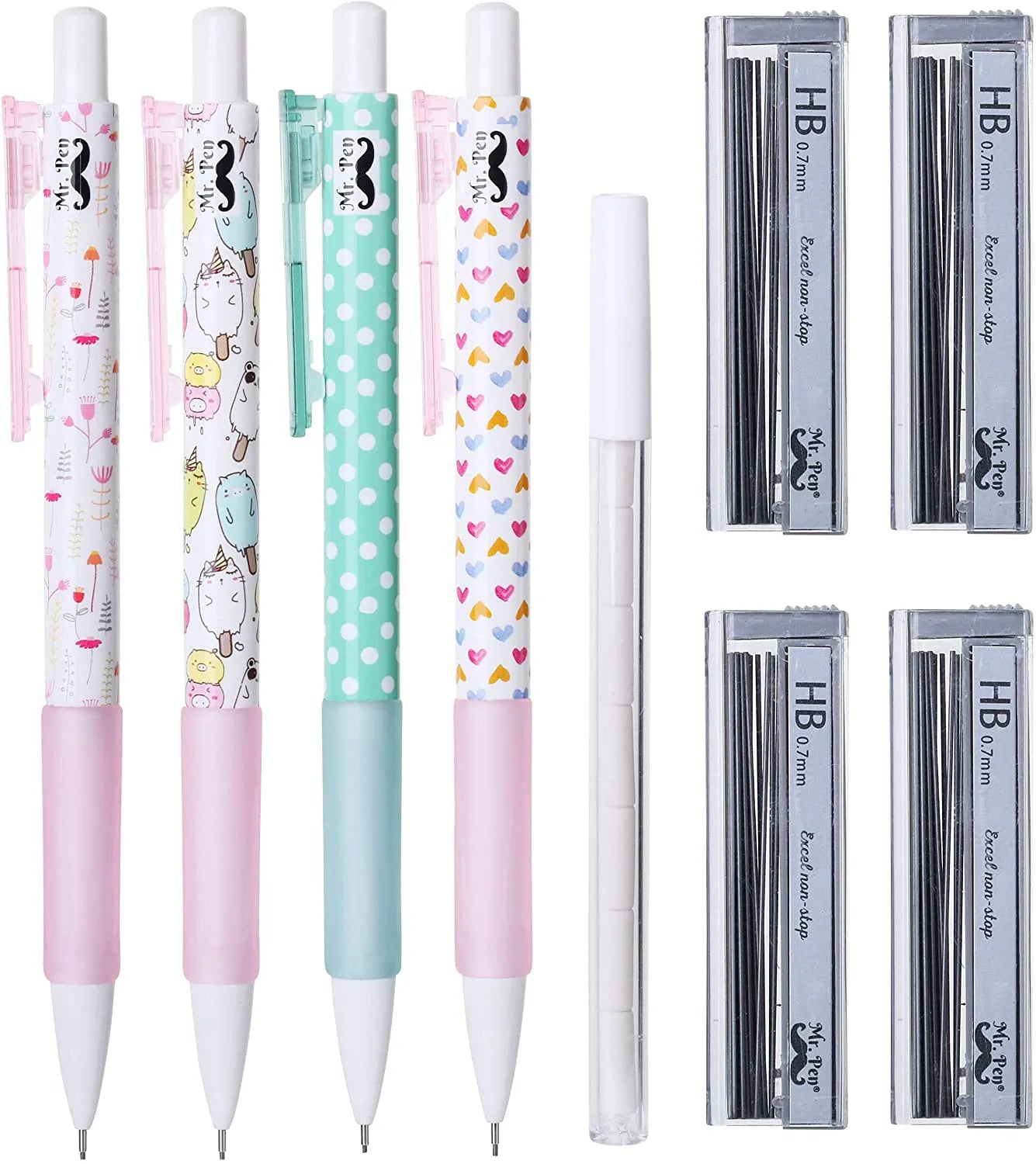 Cute Mechanical Pencil Set with 0.7mm Lead and Erasers (16 Pieces)