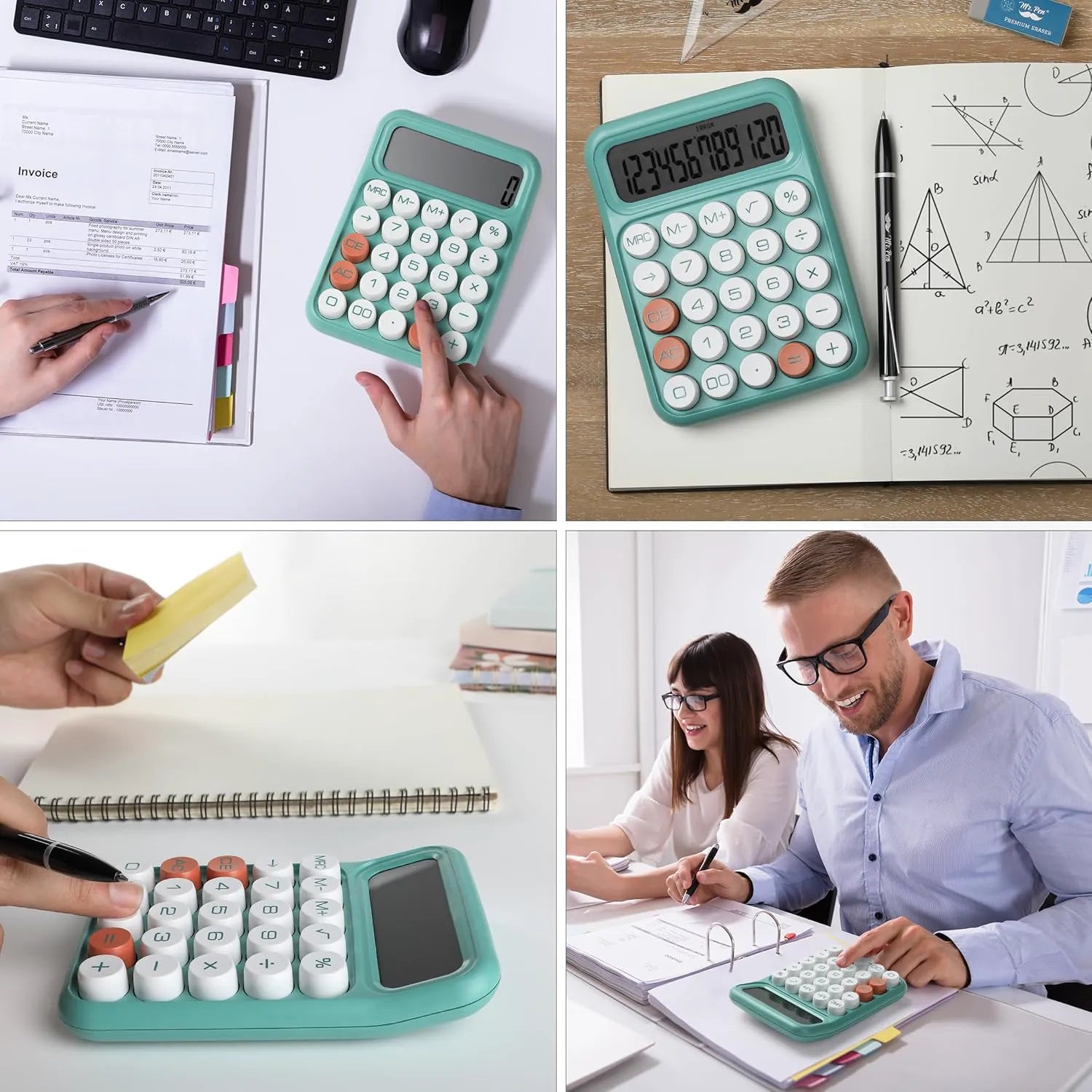 Mechanical Calculator with 12-Digit Large LCD Display, Earthy Green Finish, and Round Keys