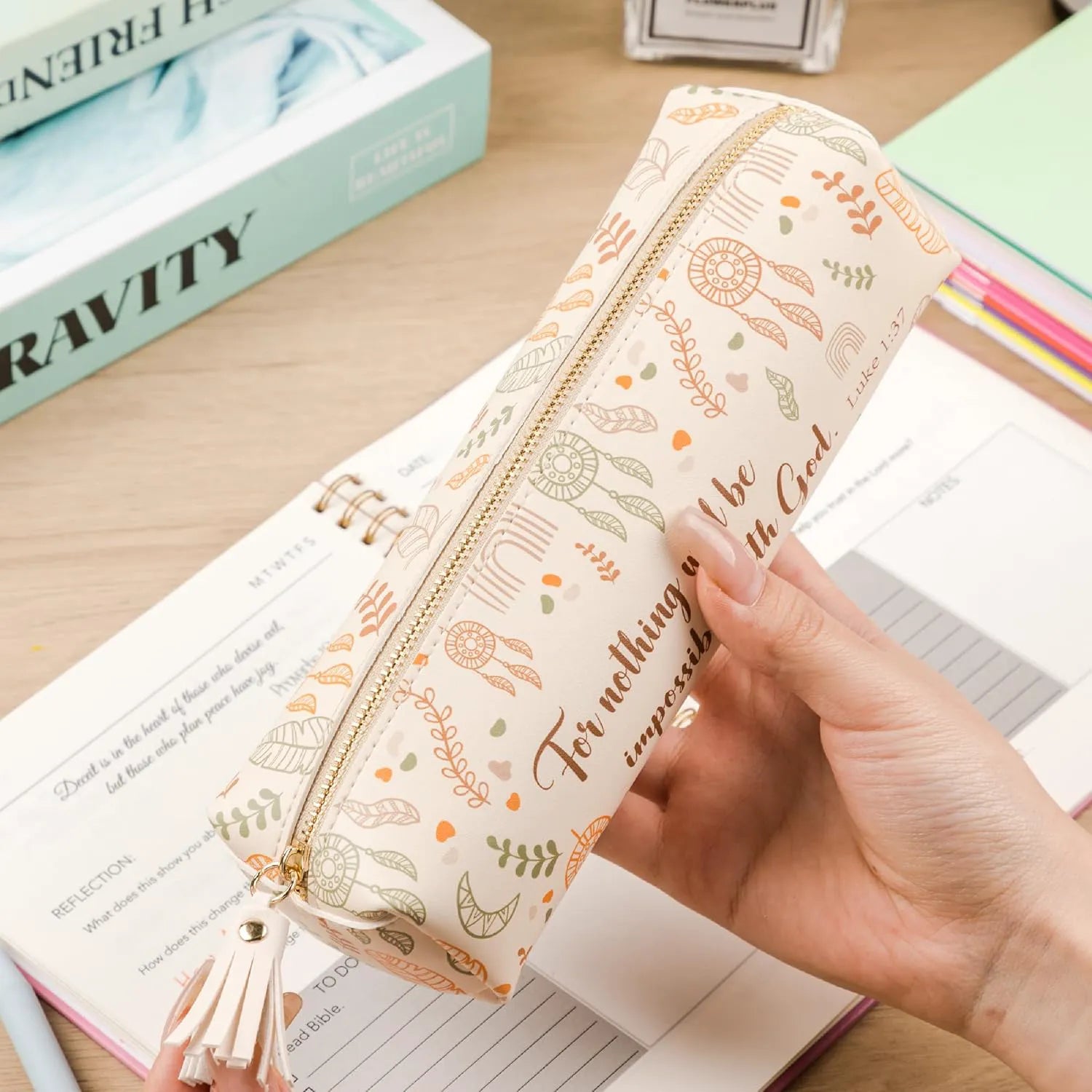 Boho PU Leather Pencil Pouch - Slim, Cute & Aesthetic