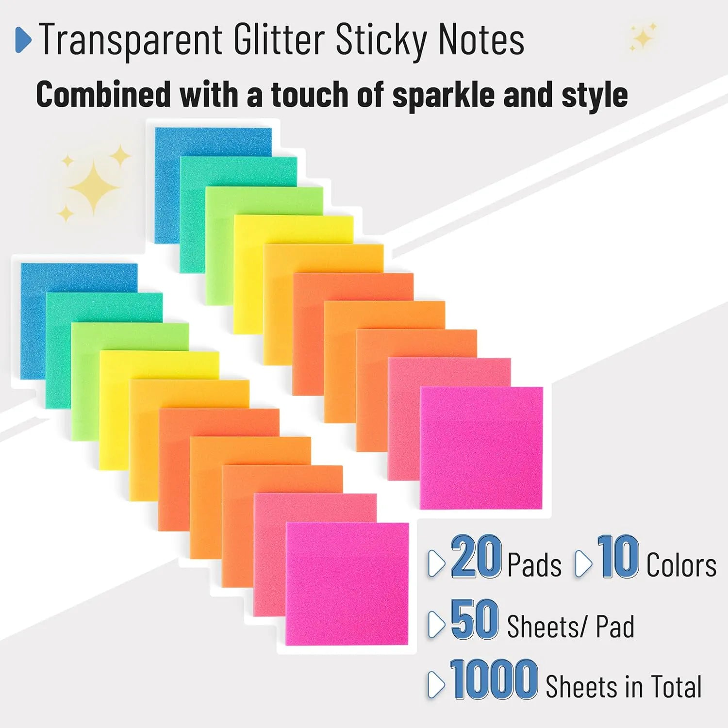 Bulk Prism Glow Plastic Glitter Sticky Notes 3x3 Inches, 20 Pads (1000 Sheets)